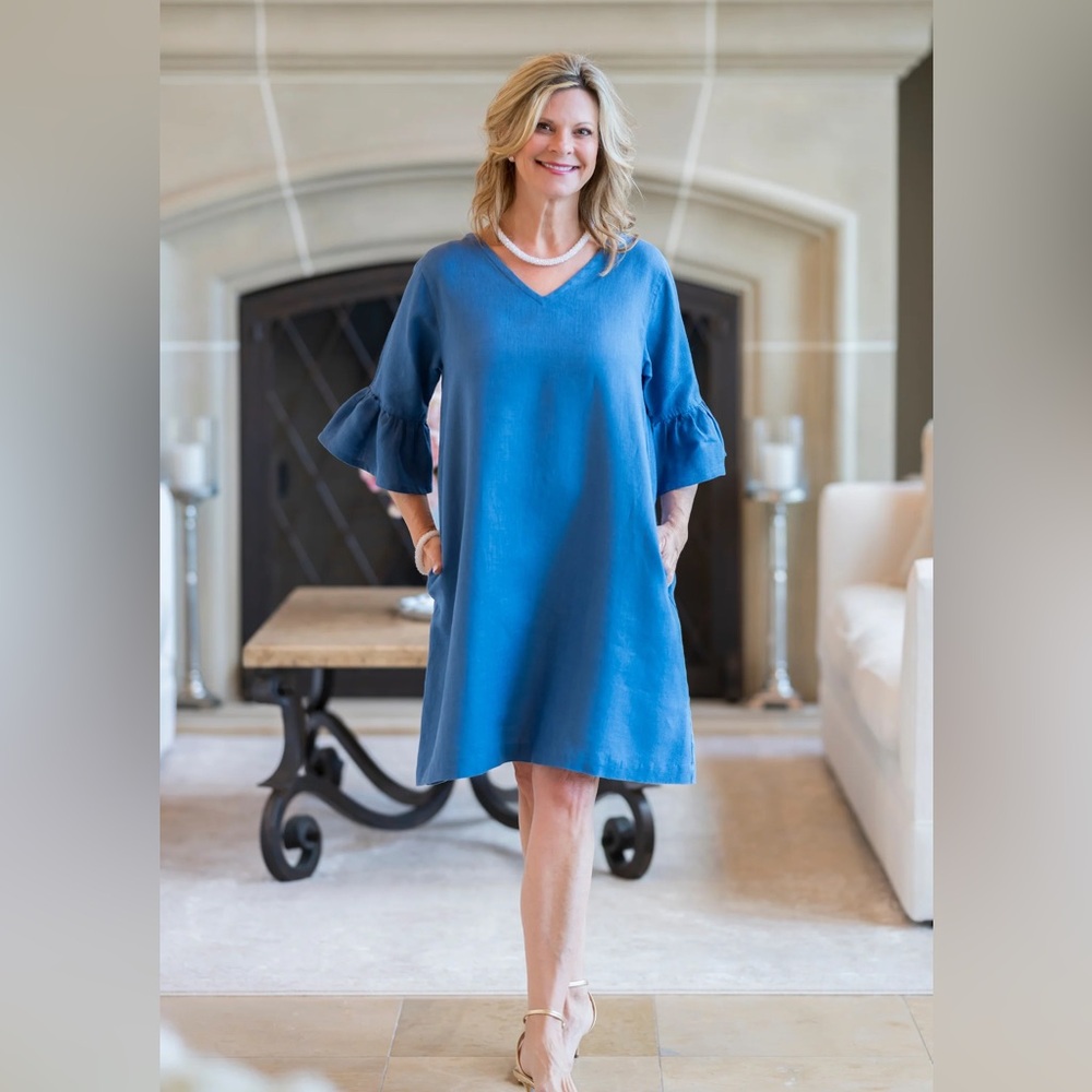 Crown Linen Designs Bethany 100% Linen Dress Royal Blue Ruffle Sleeve XS